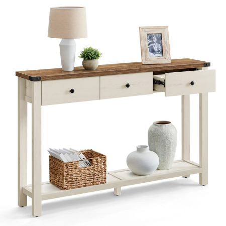 Masa tip consola cu 3 sertare si raft inferior, MDF si lemn masiv cu aspect hambar, 120x24x76 cm, alb rustic si maro [4]