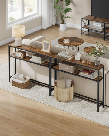 Masa tip consola ingusta cu 2 rafturi, cadru metalic, stil industrial, 100x20x80 cm, maro rustic [4]