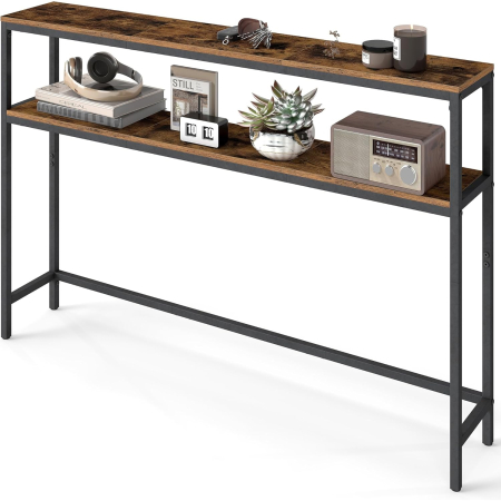 Masa tip consola ingusta cu 2 rafturi, cadru metalic, stil industrial, 120x20x80 cm, maro rustic [6]