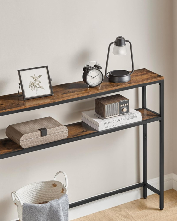 Masa tip consola ingusta cu 2 rafturi, cadru metalic, stil industrial, 80x20x80 cm, maro rustic [3]