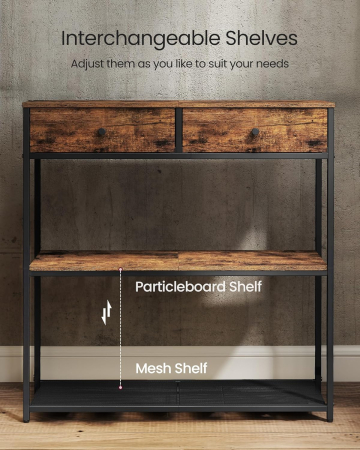 Masa tip consola ingusta cu 2 sertare textile si 3 niveluri, cadru metalic, stil industrial, 76x24x80 cm, maro rustic [3]