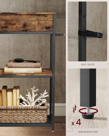 Masa tip consola ingusta cu 2 sertare textile si 3 niveluri, cadru metalic, stil industrial, 76x24x80 cm, maro rustic [4]
