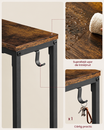 Masa tip consola ingusta cu statie de incarcare, prize si porturi USB, cadru metalic, 100x15x80 cm, maro rustic [2]