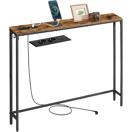 Masa tip consola ingusta cu statie de incarcare, prize si porturi USB, cadru metalic, 100x15x80 cm, maro rustic [0]