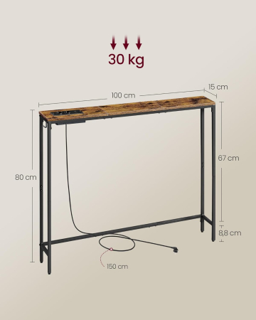 Masa tip consola ingusta cu statie de incarcare, prize si porturi USB, cadru metalic, 100x15x80 cm, maro rustic [1]