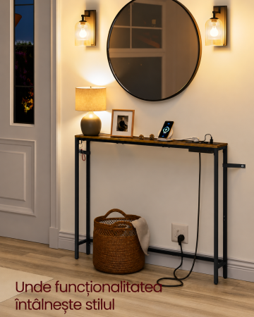 Masa tip consola ingusta cu statie de incarcare, prize si porturi USB, cadru metalic, 100x15x80 cm, maro rustic [5]