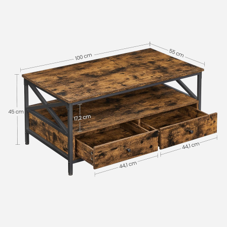 Masuta cafea cu 2 sertare si compartiment deschis, structura metalica, stil industrial, 100x55x45 cm, maro rustic [7]