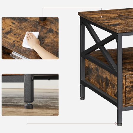 Masuta cafea cu 2 sertare si compartiment deschis, structura metalica, stil industrial, 100x55x45 cm, maro rustic [6]