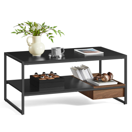 VASAGLE Masuta cafea cu sertar si raft inferior, structura otel, 100x55x45 cm, negru [3]