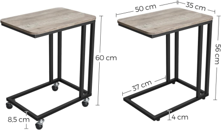 VASAGLE Masuta cafea laterala cu roti detasabile, blat PAL si cadru metalic, 35x50x60 cm, stejar gri [7]