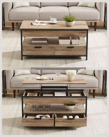 Masuta de cafea cu blat rabatabil 100x50 cm, 5 compartimente, stil industrial, PAL si otel, maro-negru [3]