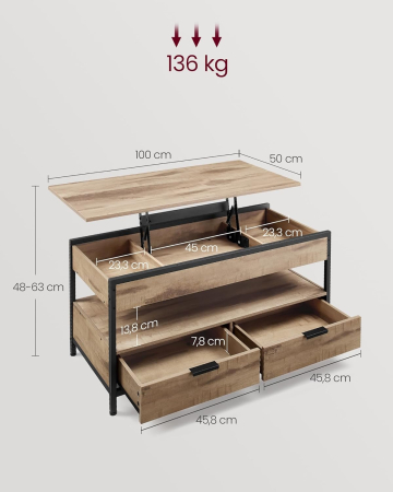 Masuta de cafea cu blat rabatabil 100x50 cm, 5 compartimente, stil industrial, PAL si otel, maro-negru [2]