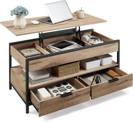 Masuta de cafea cu blat rabatabil 100x50 cm, 5 compartimente, stil industrial, PAL si otel, maro-negru [5]
