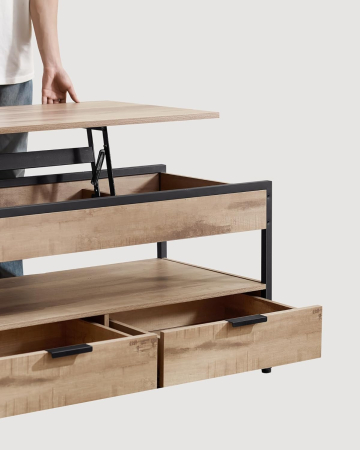 Masuta de cafea cu blat rabatabil 100x50 cm, 5 compartimente, stil industrial, PAL si otel, maro-negru [4]