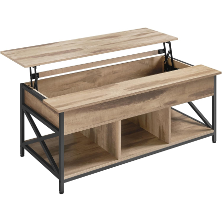 Mobila living - Masuta de cafea cu blat reglabil pe inaltime, 2 sertare si compartimente ascunse, PAL si MDF, 100x50x(49-64) cm, maro camel