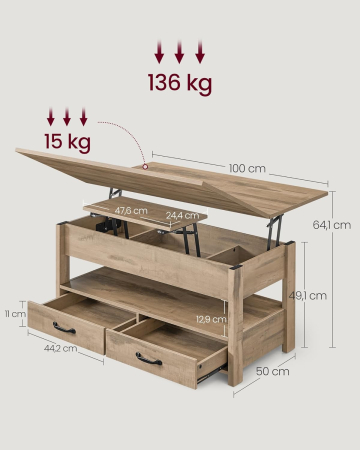 Masuta de cafea cu blat reglabil pe inaltime, 2 sertare si compartimente ascunse, PAL si MDF, 100x50x(49-64) cm, maro camel [2]