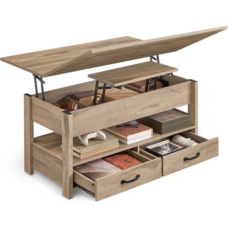 Masuta de cafea cu blat reglabil pe inaltime, 2 sertare si compartimente ascunse, PAL si MDF, 100x50x(49-64) cm, maro camel [6]
