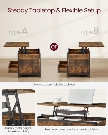 Masuta de cafea cu blat reglabil pe inaltime, cu sertare si spatii de depozitare, stil industrial, 100x50x63 cm, maro vintage [2]