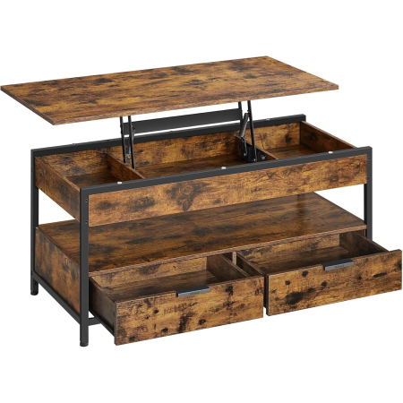 Mese cafea si decorative - Masuta de cafea cu blat reglabil pe inaltime, cu sertare si spatii de depozitare, stil industrial, 100x50x63 cm, maro vintage