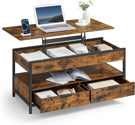 Masuta de cafea cu blat reglabil pe inaltime, cu sertare si spatii de depozitare, stil industrial, 100x50x63 cm, maro vintage [3]