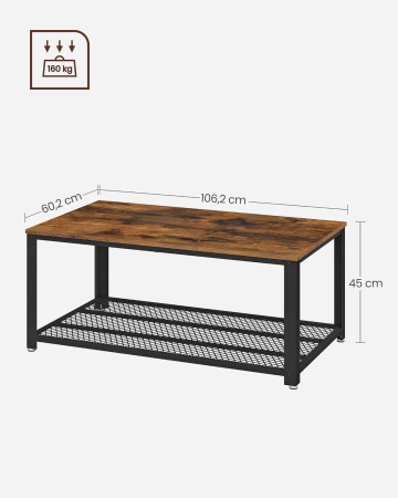 VASAGLE Masuta de cafea, cu cadru metalic, raft de depozitare, pentru living, 45x106x60cm, stil industrial, maro rustic [2]
