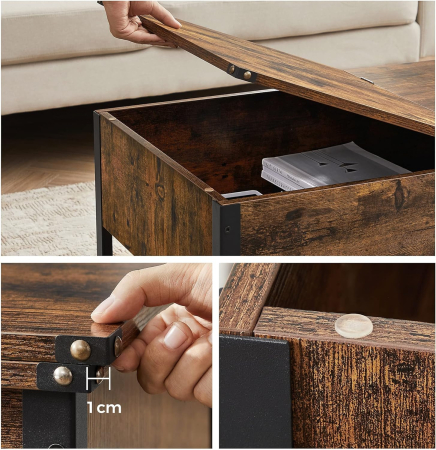 VASAGLE Masuta de cafea cu capac rabatabil, compartiment depozitare ascuns si raft plasa, industrial, 100x55x47cm, maro rustic si negru [6]