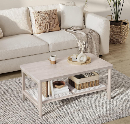 VASAGLE Masuta de cafea, din MDF, cu spatiu de depozitare pe 2 nivele, 55x100x45 cm, stil boho, bej [2]