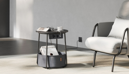 VASAGLE Masuta de cafea rotunda cu cos de stofa, statie de incarcare 2 prize si 2 USB, 45x50cm, negru [9]