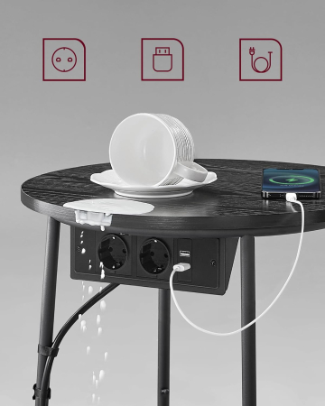 VASAGLE Masuta de cafea rotunda cu cos de stofa, statie de incarcare 2 prize si 2 USB, 45x50cm, negru [5]