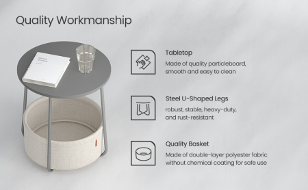 VASAGLE Masuta de cafea rotunda cu cos de stofa, stil modern, 45x50cm, gri [1]