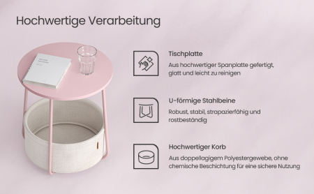 VASAGLE Masuta de cafea rotunda cu cos de stofa, stil modern, 45x50cm, roz cu bej [1]