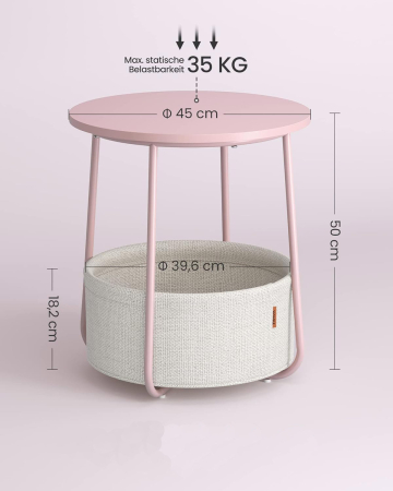 VASAGLE Masuta de cafea rotunda cu cos de stofa, stil modern, 45x50cm, roz cu bej [5]