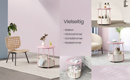 VASAGLE Masuta de cafea rotunda cu cos de stofa, stil modern, 45x50cm, roz cu bej [2]