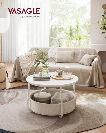 VASAGLE Masuta de cafea rotunda cu cos de stofa, stil modern, 45x75cm, alb cu bej [1]
