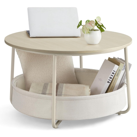 Mobila living - Masuta de cafea rotunda cu cos de stofa, stil modern, 45x75cm, bej cu crem