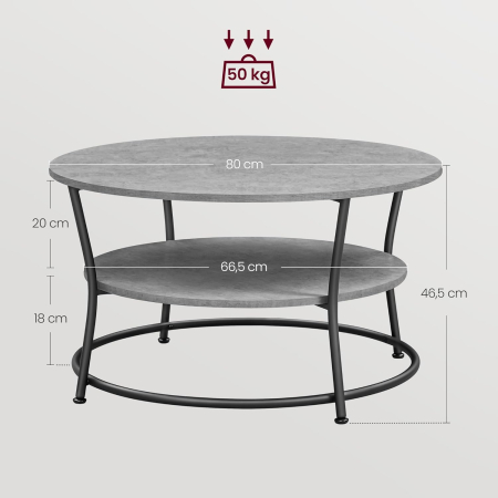 Masuta de cafea rotunda cu raft, 80x80x47 cm, cadru metalic, stil industrial, gri beton si negru [1]