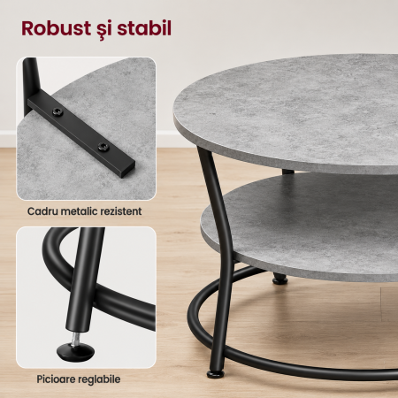 Masuta de cafea rotunda cu raft, 80x80x47 cm, cadru metalic, stil industrial, gri beton si negru [2]