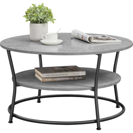 Masuta de cafea rotunda cu raft, 80x80x47 cm, cadru metalic, stil industrial, gri beton si negru [3]