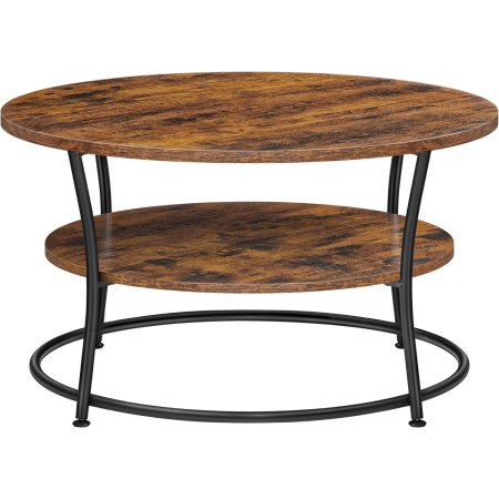 Mese cafea si decorative - Masuta de cafea rotunda cu raft, cadru metalic, stil industrial, 80x45 cm, maro rustic