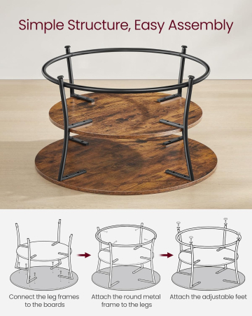 Masuta de cafea rotunda cu raft, cadru metalic, stil industrial, 80x45 cm, maro rustic [4]