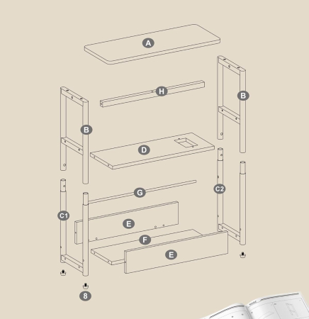 Masuta ingusta cu priza si 2 porturi USB, 3 rafturi si suport reviste, max 100 kg, 45x18x58 cm, maro vintage [6]