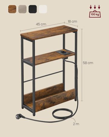 Masuta ingusta cu priza si 2 porturi USB, 3 rafturi si suport reviste, max 100 kg, 45x18x58 cm, maro vintage [1]