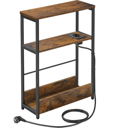 Living & hol - Masuta ingusta cu priza si 2 porturi USB, 3 rafturi si suport reviste, max 100 kg, 45x18x58 cm, maro vintage