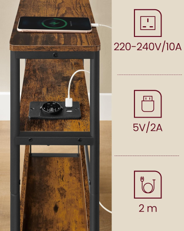 Masuta ingusta cu priza si 2 porturi USB, 3 rafturi si suport reviste, max 100 kg, 45x18x58 cm, maro vintage [4]