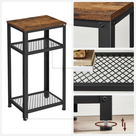 Masuta laterala 40x30x75 cm, cu 2 rafturi grilaj si blat, otel si PAL, maro rustic si negru [6]