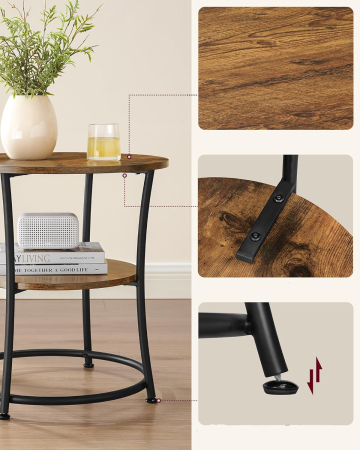 VASAGLE Masuta laterala rotunda, tip noptiera, cu 2 rafturi, cadru de otel, 55x55cm, maro rustic [3]