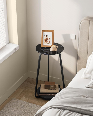 VASAGLE Masuta rotunda tip noptiera, blat din sticla si raft inferior din PAL, cadru metalic, 30x30x55 cm, negru [2]