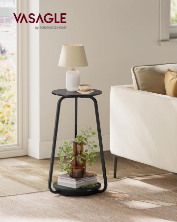 VASAGLE Masuta rotunda tip noptiera, blat din sticla si raft inferior din PAL, cadru metalic, 30x30x55 cm, negru [4]