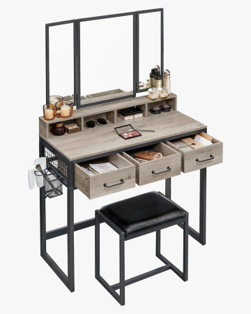 Masuta toaleta 90x40x141 cm, cu 3 sertare, oglinda tripla si taburet, lemn si otel, gri si negru [5]