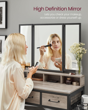 Masuta toaleta 90x40x141 cm, cu 3 sertare, oglinda tripla si taburet, lemn si otel, gri si negru [12]